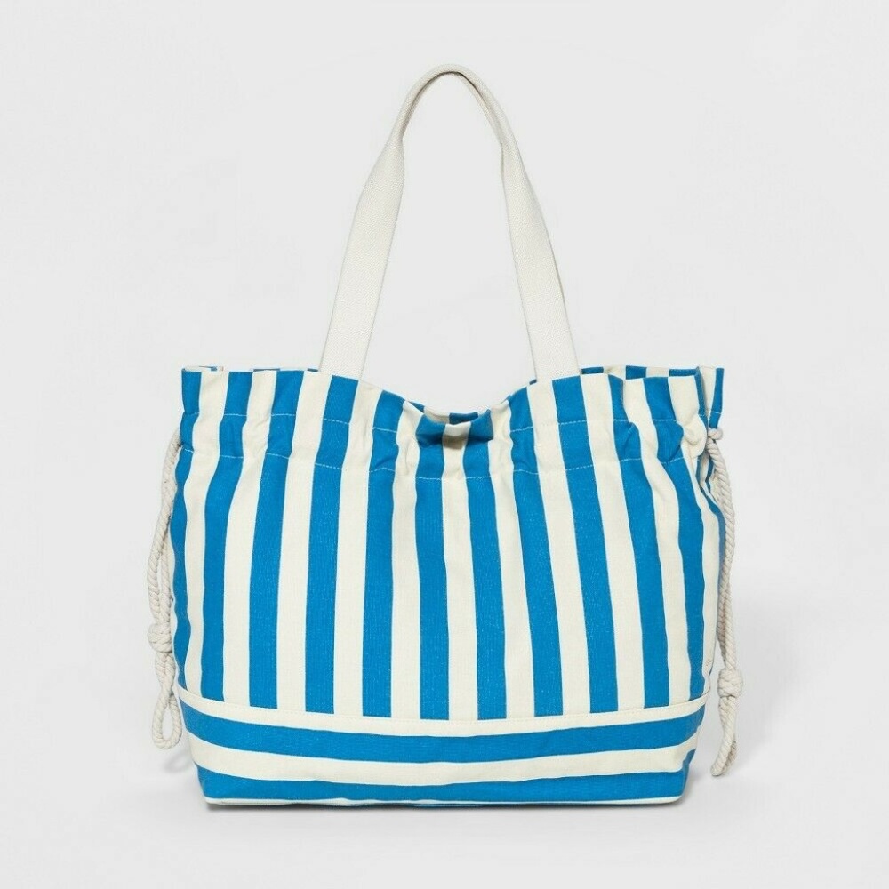 Striped Canvas Drawstring Tote Handbag